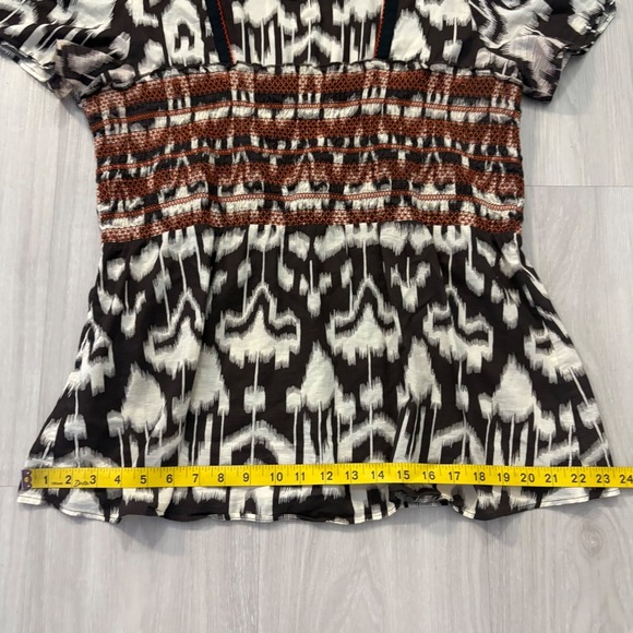 L.A. Blues Blouse Women Ikat Print Smocked Waist Black White Rust Boho Blouse L - Picture 8 of 12